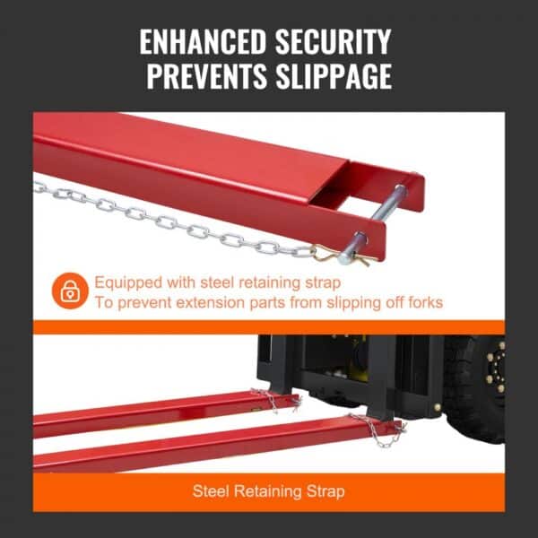 VEVOR pallet fork extensions with steel retaining strap for enhanced security and slippage prevention.