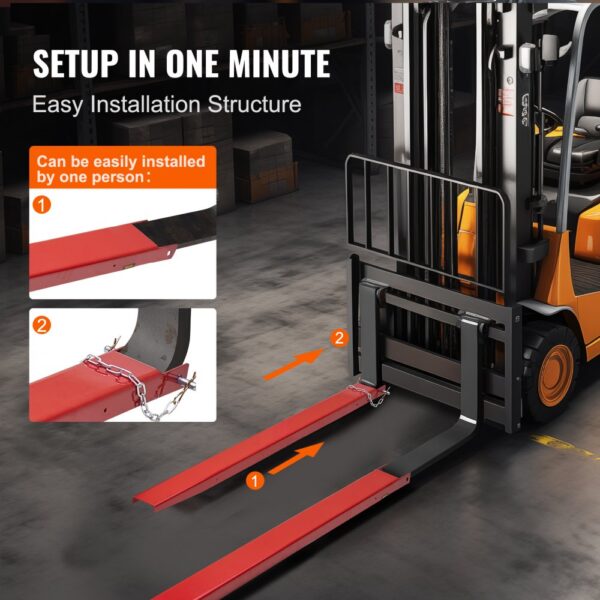 VEVOR pallet fork extensions, easy installation on forklift, setup in one minute, user-friendly design.