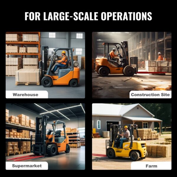 forklifts with VEVOR pallet fork extensions in a warehouse, construction site, supermarket, and farm.