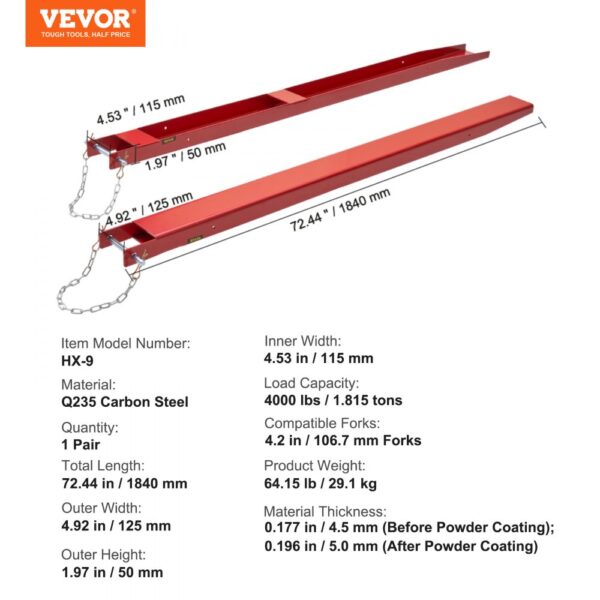 VEVOR pallet fork extensions hx-9, 72.44 in, q235 carbon steel, 4000 lb capacity, red with chains.