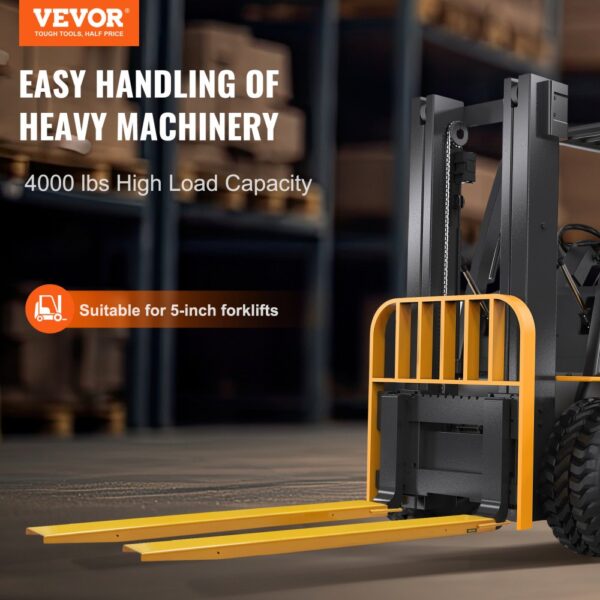 VEVOR pallet fork extensions on a forklift, showcasing 4000 lbs load capacity, suitable for 5-inch forklifts.