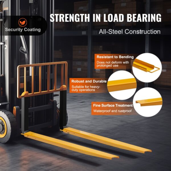 yellow VEVOR pallet fork extensions on a forklift, showcasing strength, durability, and rustproof surface.