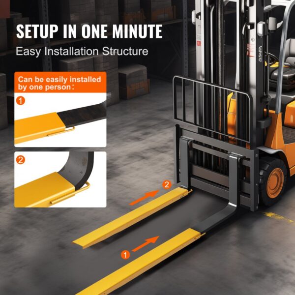 forklift with VEVOR pallet fork extensions easy installation in minutes, shown step-by-step.