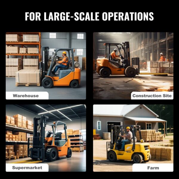 forklifts in warehouse, construction site, supermarket, and farm for large-scale operations. VEVOR pallet fork extensions.