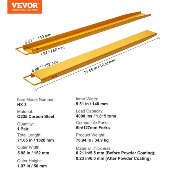 VEVOR pallet fork extensions, q235 carbon steel, 71.65 in length, 4000 lbs load capacity, yellow.