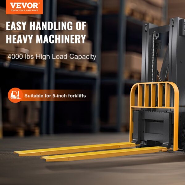 VEVOR forklift extensions for 5-inch forklifts, 4000 lbs load capacity, easy handling of heavy machinery.