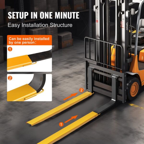 VEVOR forklift extensions installation guide with easy steps and forklift in a warehouse setting.