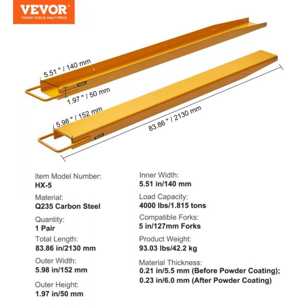 VEVOR forklift extensions, 83.86 in length, 4000 lbs capacity, q235 carbon steel, model hx-5.