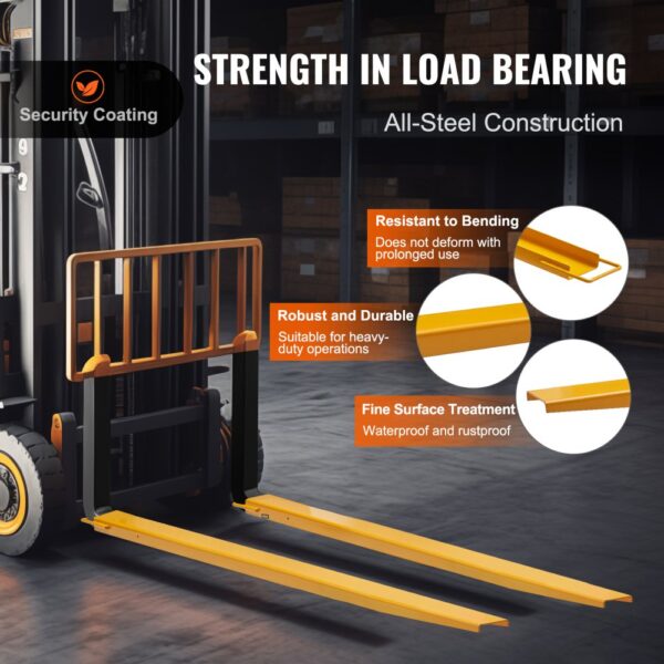 yellow VEVOR pallet fork extensions on a forklift highlighting features: strong, durable, waterproof.