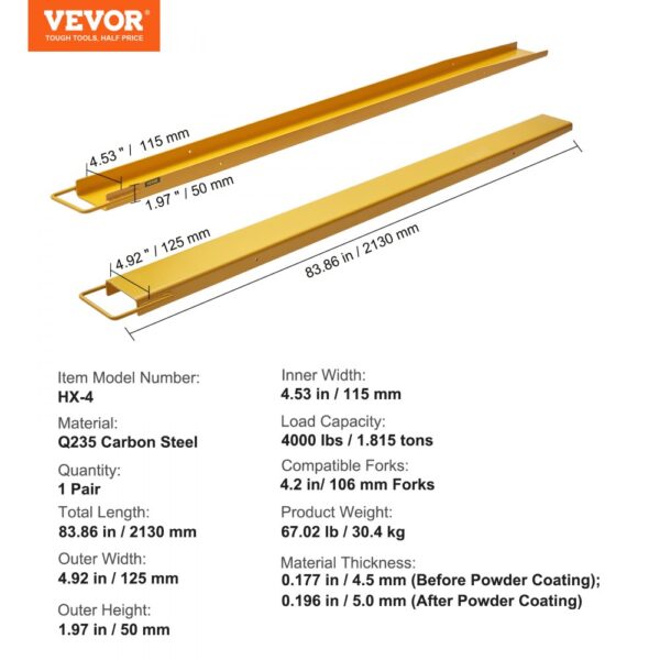 VEVOR pallet fork extensions, q235 carbon steel, 83.86 in length, 4000 lbs capacity, 4.2 in compatible forks.