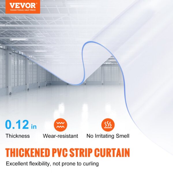 VEVOR strip curtain in a warehouse with 0.12 in thickness, wear-resistant, and no irritating smell.