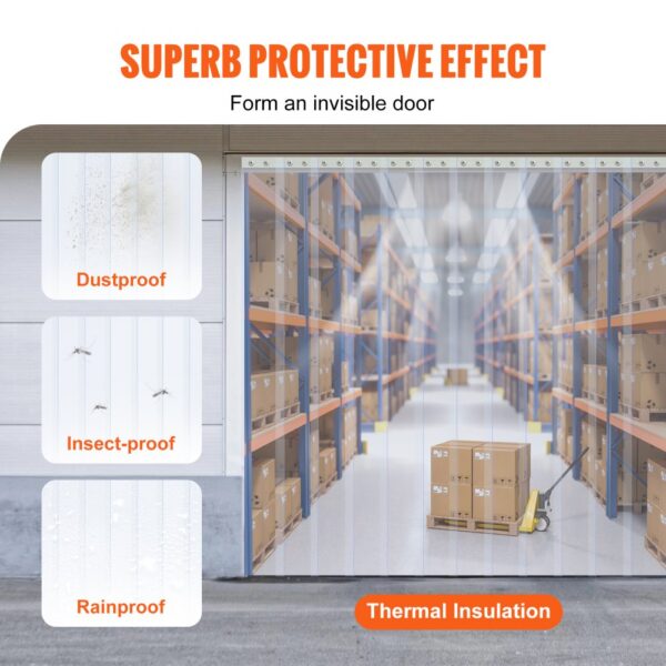 VEVOR strip curtain showing dustproof, insect-proof, rainproof features, protecting a warehouse.