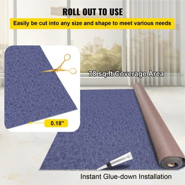 VEVOR marine carpet cuttable, 78 sq.ft coverage, 0.18" thickness, glue-down installation.