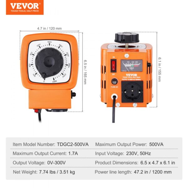 VEVOR 500VA Variable Voltage Transformer 1.7A 0-300V AC Voltage Regulator CE