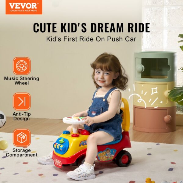 VEVOR ride on push car with music steering wheel, anti-tip design, and storage compartment.