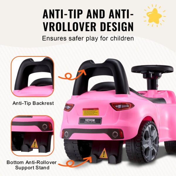 pink VEVOR ride on push car with anti-tip backrest and anti-rollover support for safer play.