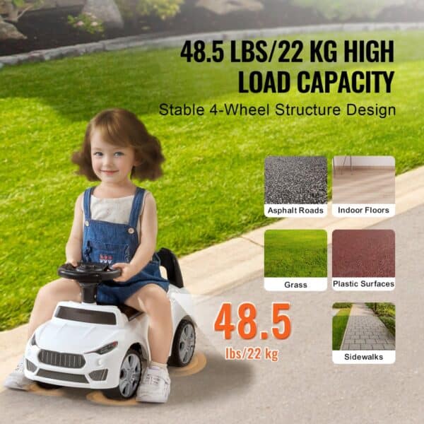 child riding VEVOR ride on push car with high load capacity and stable 4-wheel structure design.