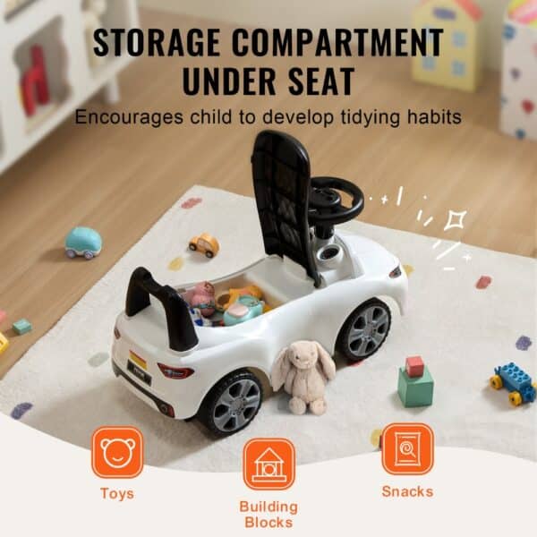 VEVOR ride on push car with toys and building blocks in the storage compartment under the seat.