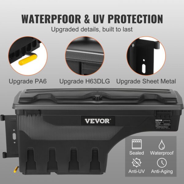 VEVOR truck bed storage box with waterproof, uv protection, upgraded pa6, h63dlg, and sheet metal.