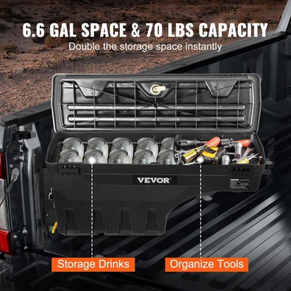 VEVOR truck bed storage box with drinks and tools, offering 6.6-gallon space and 70 lbs capacity.