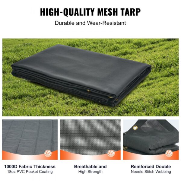 VEVOR dump truck mesh tarp, durable, breathable, 1000d fabric, pvc coating, and reinforced webbing.