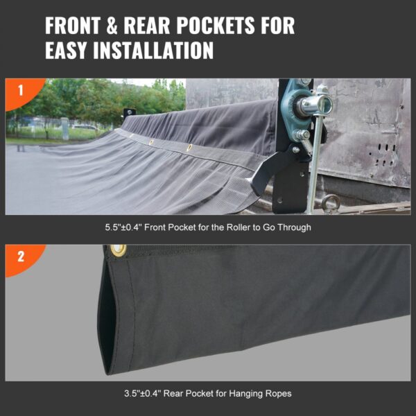 front and rear pockets of black VEVOR dump truck mesh tarp, illustrated for easy installation.