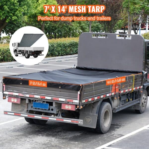 7' x 14' VEVOR dump truck mesh tarp, perfect for dump trucks and trailers, black color.