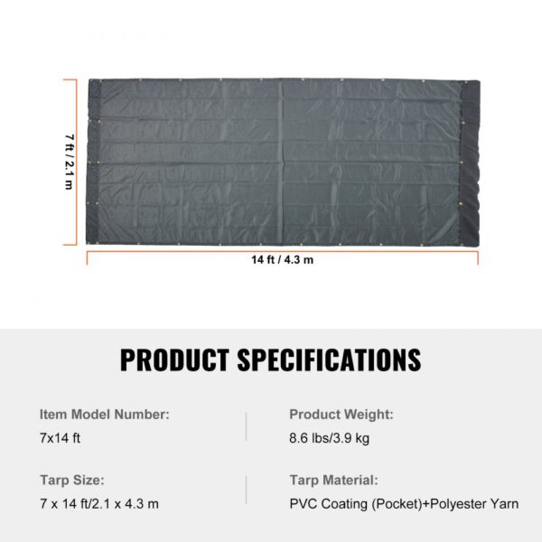 VEVOR dump truck mesh tarp 7x14 ft, pvc-coated, polyester yarn, 8.6 lbs, 2.1x4.3 m dimensions.