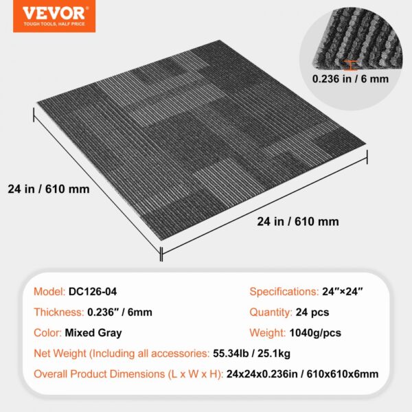VEVOR carpet tiles, 24"x24", mixed gray, set of 24, thickness 0.236"/6mm. model: dc126-04.