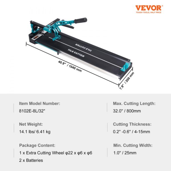 VEVOR Manual Tile Cutter, 800mm, Porcelain Ceramic Tile Cutter with Tungsten Carbide Cutting Wheel, Infrared Positioning, Anti-Skid Feet, Durable Rails for professional installers or beginners