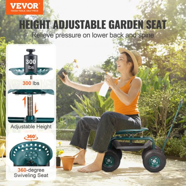 VEVOR Garden Cart Rolling Workseat with Wheels, Gardening Stool for Planting, 360 Degree Swivel Seat, Wagon Scooter with Steering Handle & Utility Tool Tray, Use for Patio, Yard, and Outdoors, Green