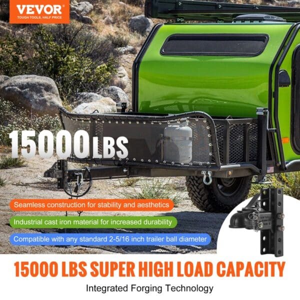 VEVOR adjustable trailer coupler for 15,000 lbs load capacity, durable green trailer in a rugged setting.