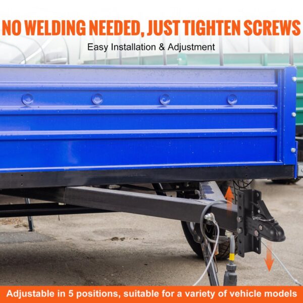 VEVOR adjustable trailer coupler - easy installation, no welding needed, adjustable in 5 positions.