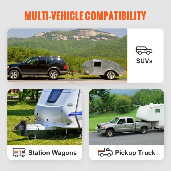 VEVOR adjustable trailer coupler compatible with suvs, station wagons, and pickup trucks for towing.