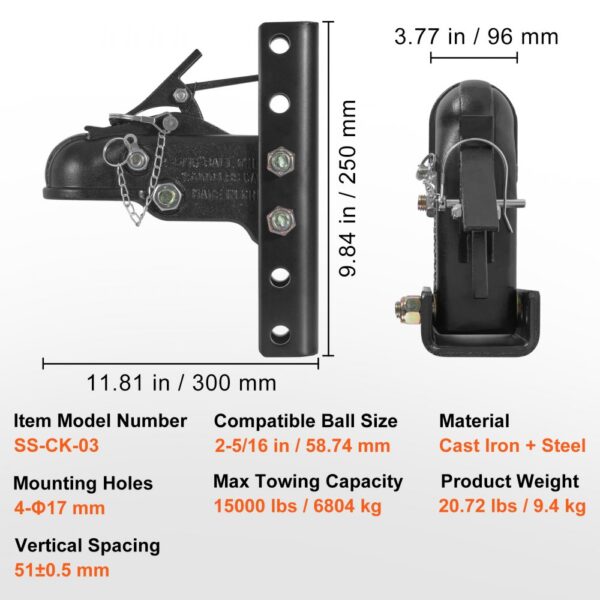 VEVOR adjustable trailer coupler, model ss-ck-03, cast iron and steel, max towing capacity 15000 lbs.