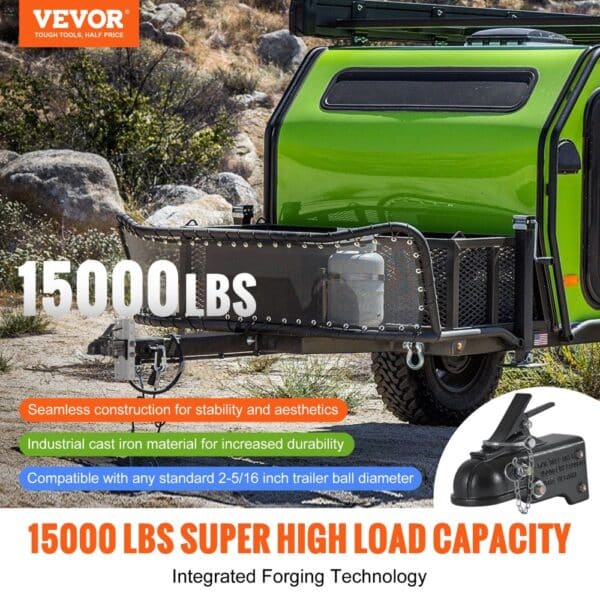 VEVOR adjustable trailer coupler with 15,000 lbs load capacity, attached to a green trailer in a rocky area.