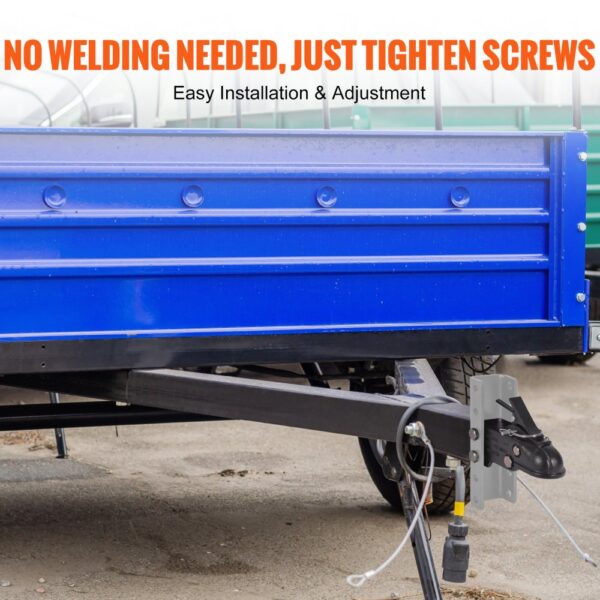 VEVOR adjustable trailer coupler with blue trailer, easy installation, just tighten screws.