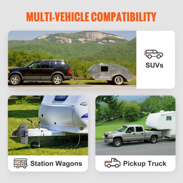 VEVOR adjustable trailer coupler with multi-vehicle compatibility for suvs, station wagons, and pickup trucks.