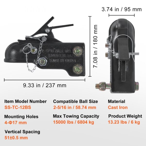 VEVOR adjustable trailer coupler, cast iron, model ss-tc-12bs, 15000 lbs capacity, 2-5/16 in ball size.