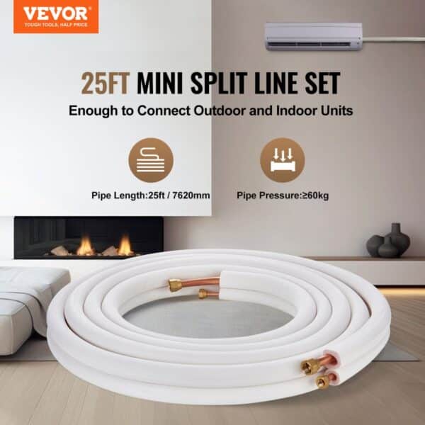 VEVOR mini split line set, 25ft length, high-pressure pipe, indoor and outdoor ac connection.