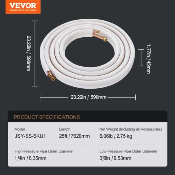 VEVOR mini split line set, 25ft length, 1/4in and 3/8in pipe diameters, coiled for easy installation.