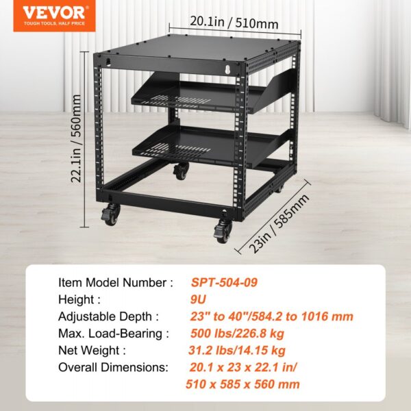 VEVOR 9U 4 Post Open Frame Server Rack Network Enclosure 23''-40'' Adjustable