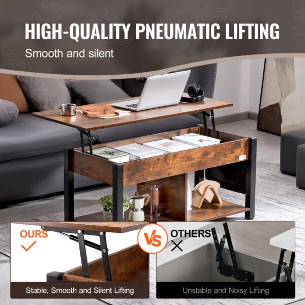 VEVOR lift top coffee table with pneumatic lifting, showcasing stable and silent lifting compared to others.