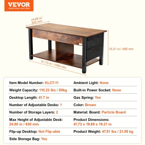 VEVOR lift top coffee table, brown, 41.73x19.69x19.21in, two storage layers, adjustable desk.