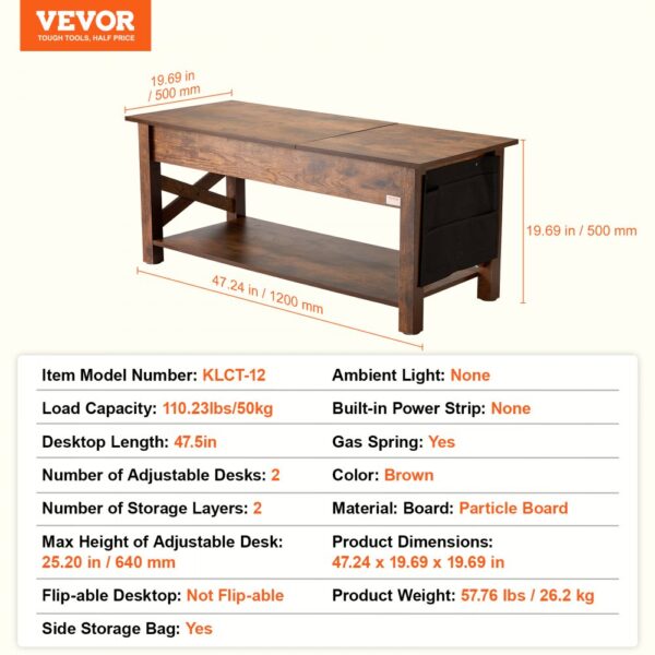 VEVOR lift top coffee table with side storage bag, brown color, particle board, 47.24 x 19.69 x 19.69 in.