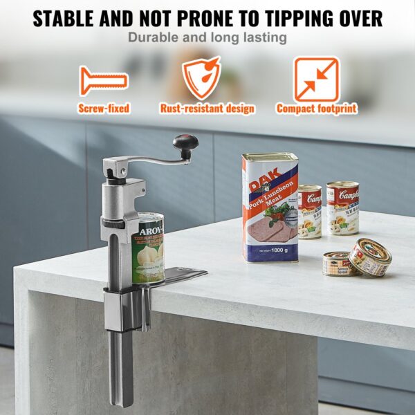 VEVOR manual can opener, screw-fixed, rust-resistant, compact, on a kitchen counter with various cans.