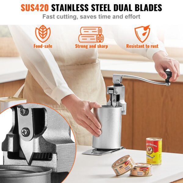 using the VEVOR manual can opener with sus420 stainless steel dual blades, showcasing food safety and durability.