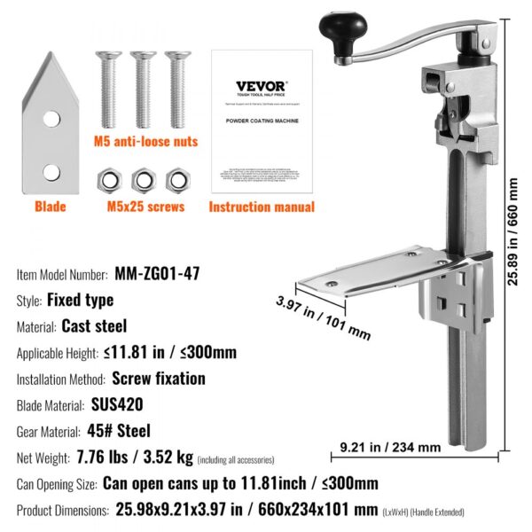 VEVOR manual can opener with blade, screws, nuts, instruction manual, and dimensions in inches and mm.