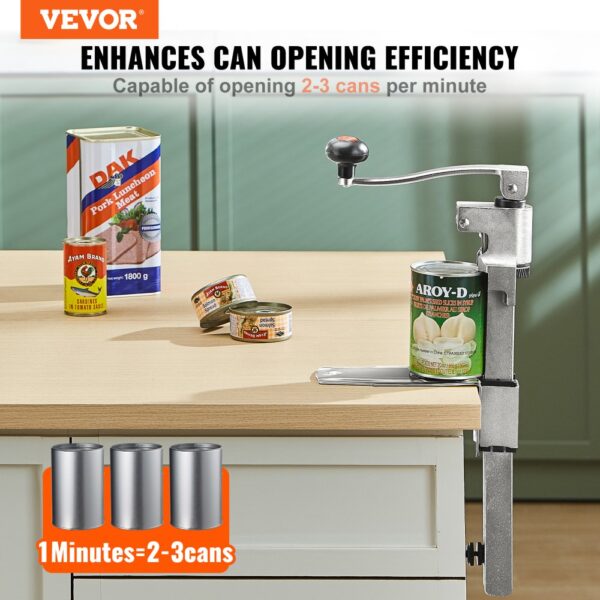 VEVOR commercial can opener demonstrating efficiency, mounted on a counter with various cans.
