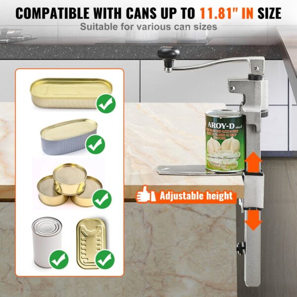 VEVOR commercial can opener compatible with various cans up to 11.81 inches, featuring adjustable height.